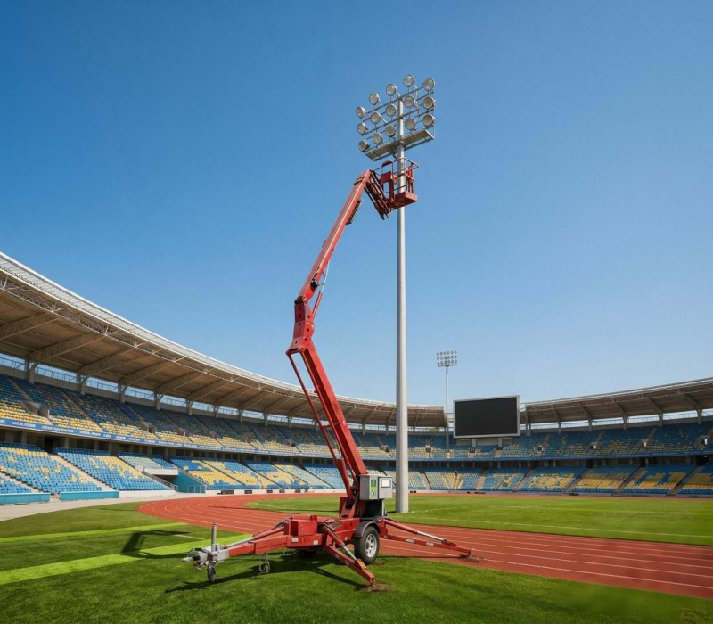 LIFTSGLT GTB60 towable boom lift performing high-altitude stadium floodlight maintenance LIFTSGLT GTB60 towable boom lift performing high-altitude stadium floodlight maintenance