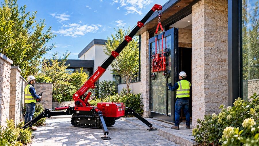 GSC30D mini crawler crane positioning a heavy glass-and-steel entry door at a modern villa